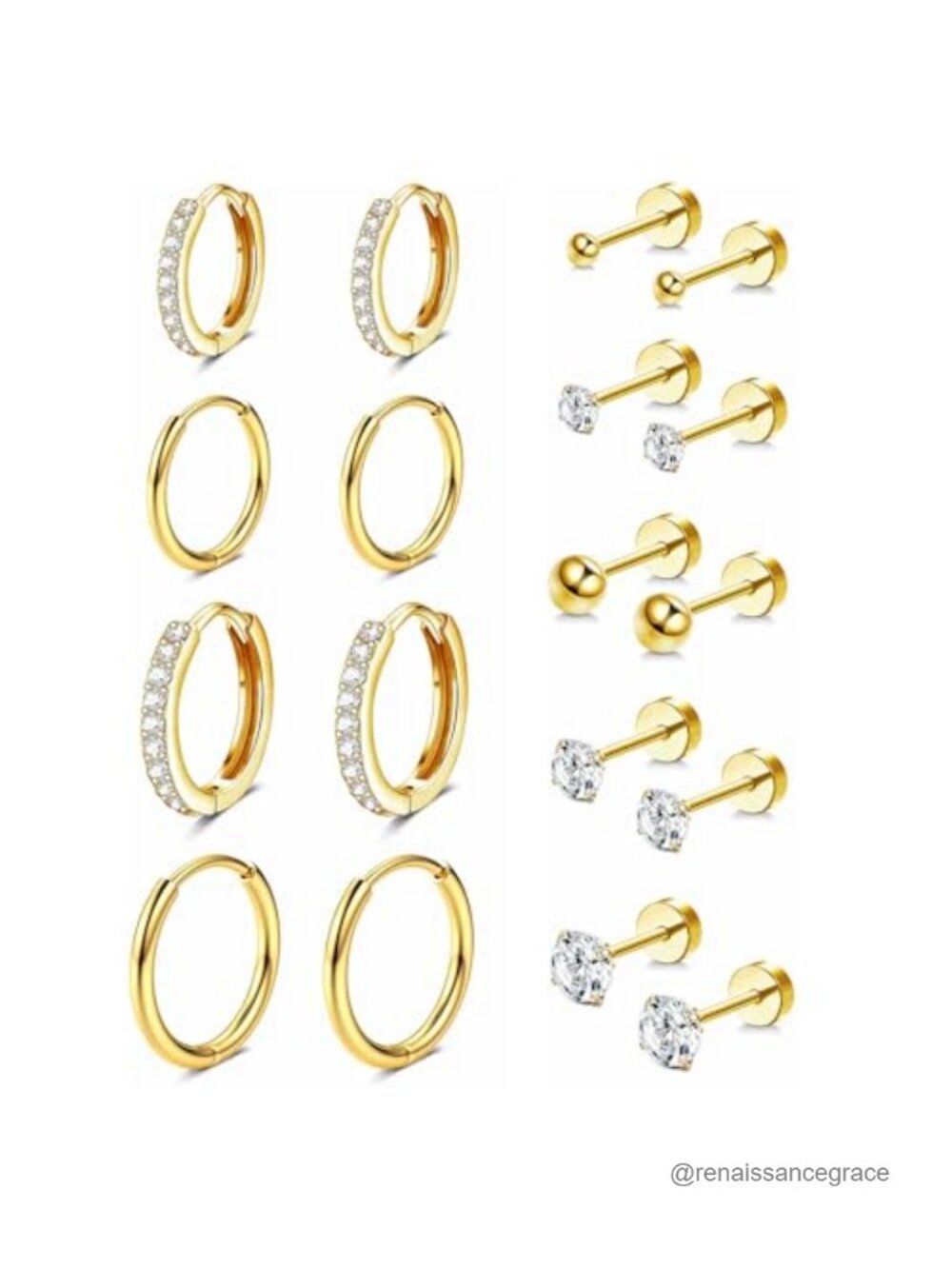 14K Gold Plated Hypoallergenic Earring Stack Set with Huggies and Flat Back